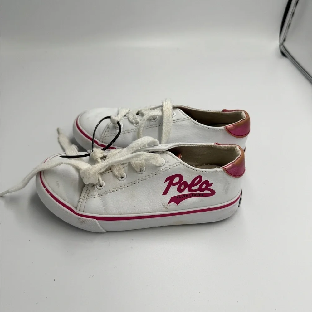 Polo by Ralph Lauren Toddler Girl Size 10 Kids White Sneakers with Pink Accents - Picture 2 of 11